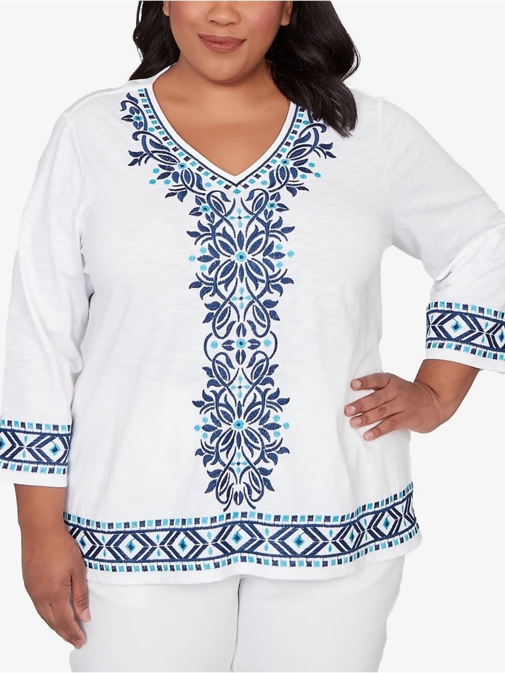 Alfred Dunner White Tunic with Navy and Light Blue Embroidery